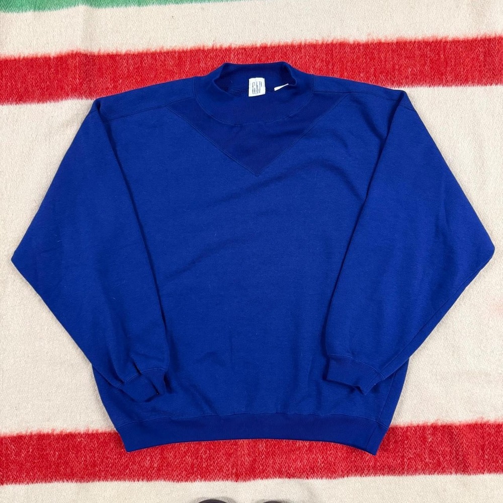 Vintage 90s GAP Single V Mock Neck Sweatshirt Mens Medium Blue Pullover